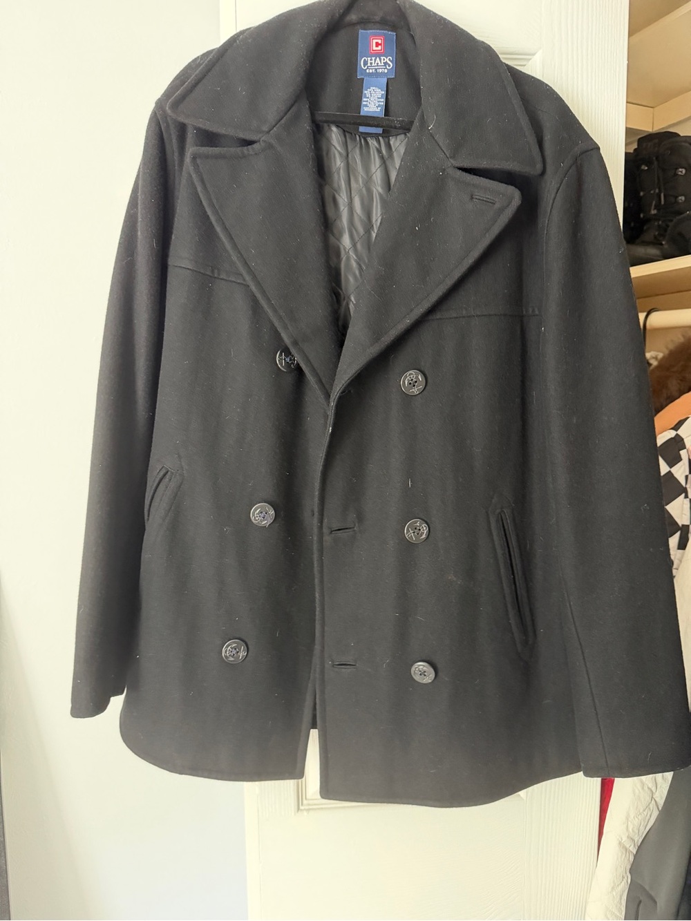Chaps Black Double-Breasted Wool Pea Coat